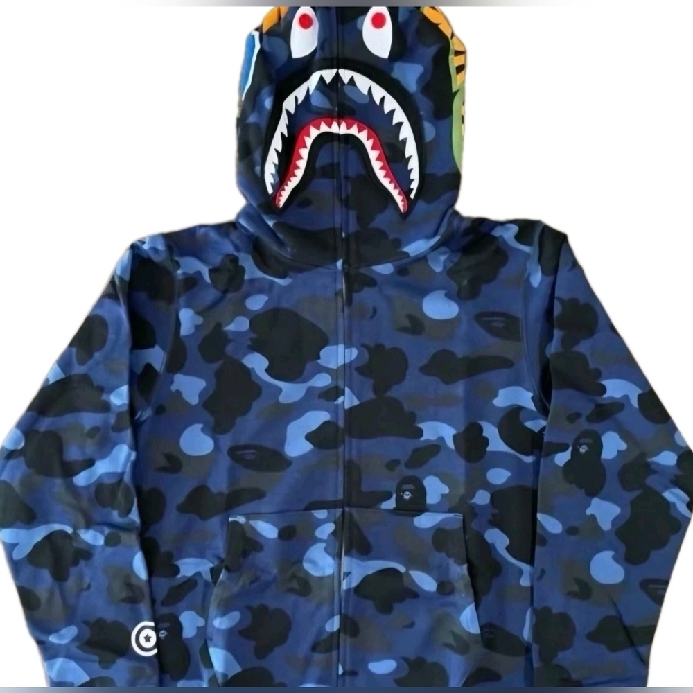 BAPE Color Camo Shark WGM Hoodie Sweatshirt Navy Blue | A Bathing Ape LG ( EUC) - Picture 3 of 8